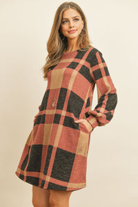 Thumbnail for Riah Fashion - Round Neck Puff Sleeved Plaid Knee Length Dress - 3 COLORS -