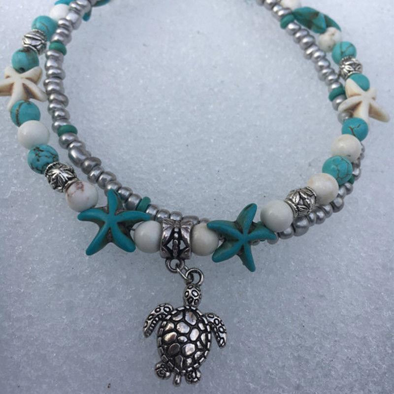 Vintage Double Beaded Turtle Starfish Boho Anklet -