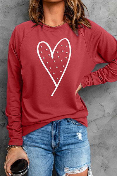 Heart Pearl Detail Round Neck Sweatshirt - T - 1 COLOR -