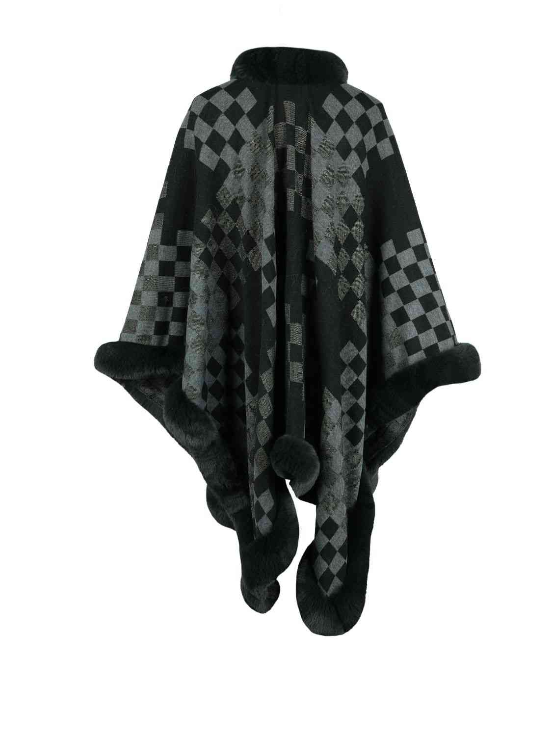 Checkered Faux Fur Trim Poncho - T - 5 COLORS -