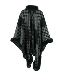 Thumbnail for Checkered Faux Fur Trim Poncho - T - 5 COLORS -