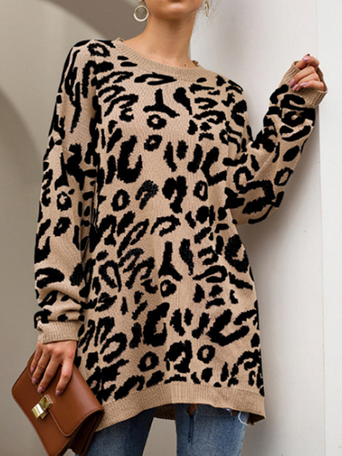 Leopard Round Neck Tunic Sweater - T - 3 COLORS -