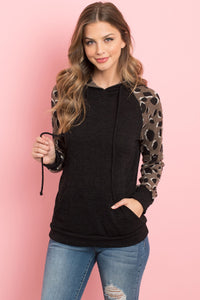 Thumbnail for Riah Fashion - Self Tie Leopard Contrast Kangaroo Pocket Hoodie - 2 COLORS -