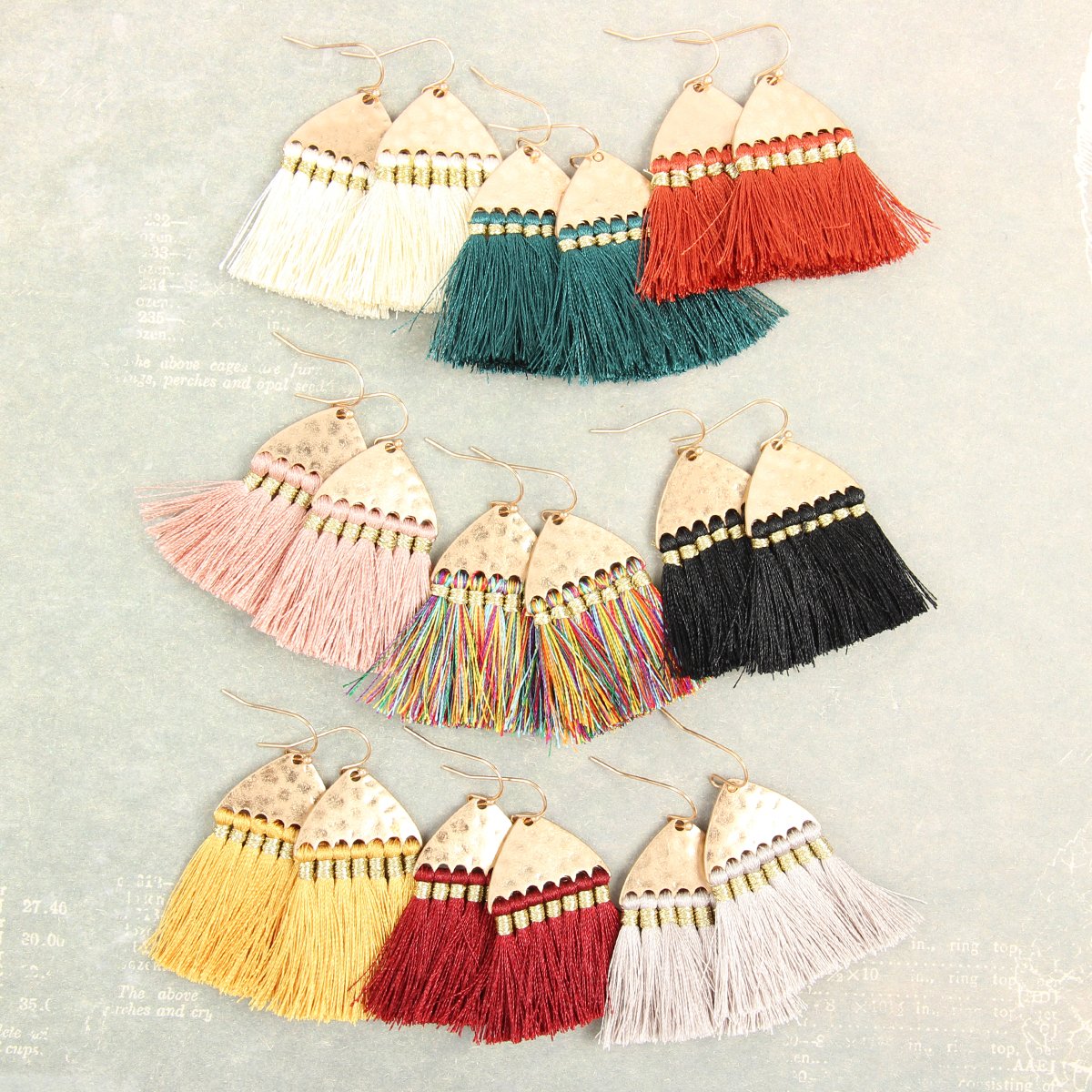 Thread Tassel Hammered Metal Hook Earrings - 11 COLORS -