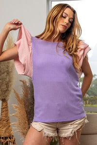 Thumbnail for BiBi Contrast Waffle-Knit Ruffled Cap Sleeve Blouse - T - 1 COLOR -