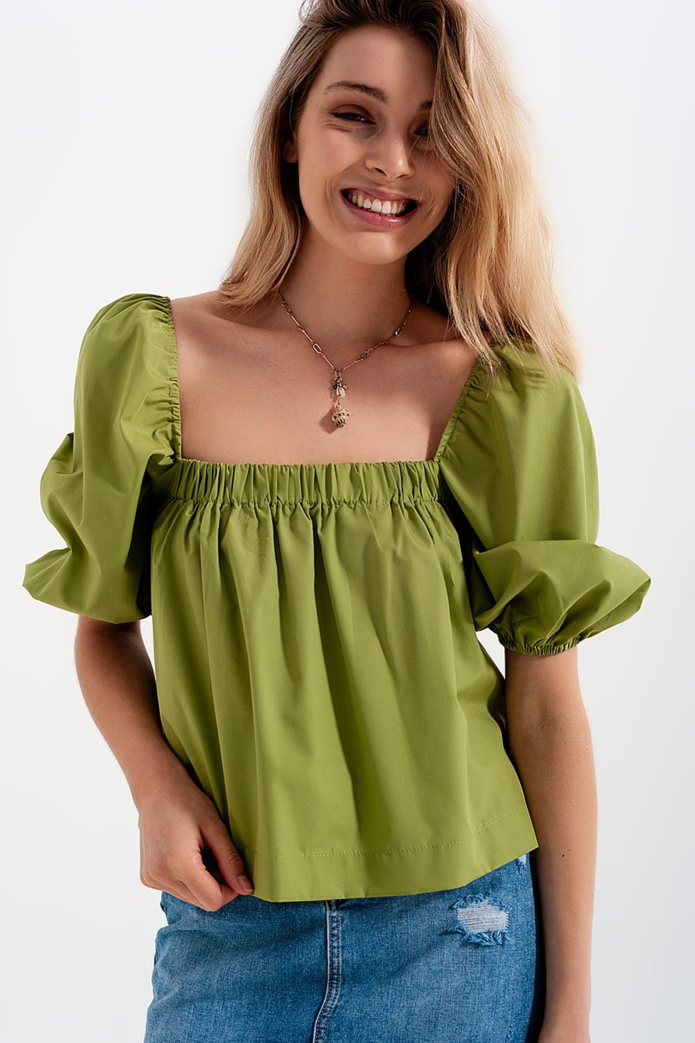 Q2 - Poplin Balloon Sleeve Top in Green - 1 COLOR