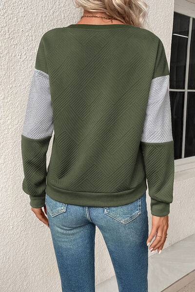 Textured Color Block Round Neck Sweatshirt - T - 4 COLORS -