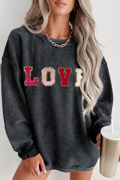 LOVE Round Neck Dropped Shoulder Sweatshirt - T - 1 COLOR -