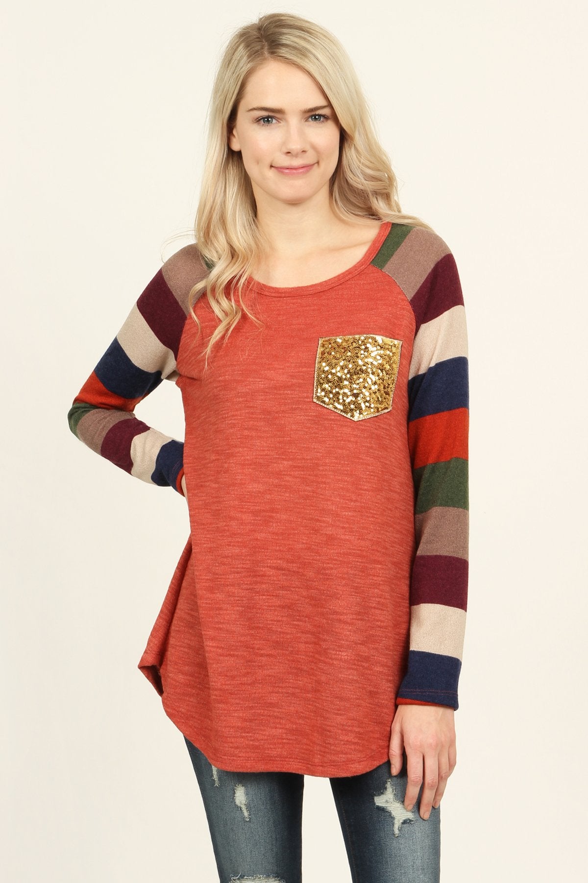 Riah Fashion - Sequin Pocket Striped Sleeve Tunic - 3 COLORS -