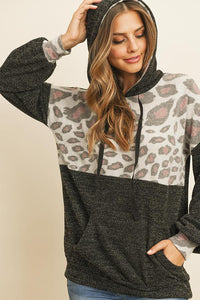 Thumbnail for Riah Fashion - Animal Print Contrast Hoodie With Kangaroo Pockets - 2 COLORS -