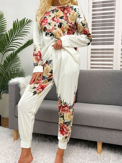 Printed Round Neck Top and Drawstring Pants Lounge Set - 2 PCS. - T - 1 COLOR -