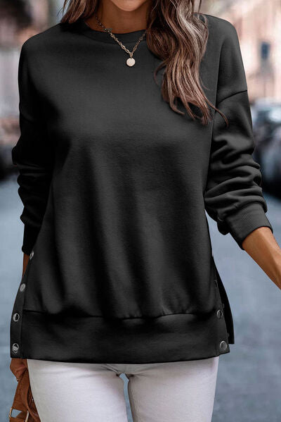 Snap Detail Round Neck Dropped Shoulder Sweatshirt - T - 10 COLORS -