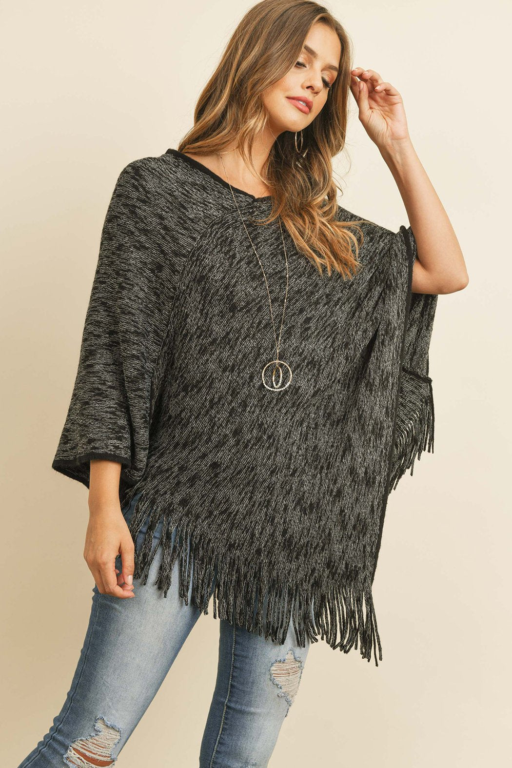 Riah Fashion - Black Two Tone Fringe Poncho - 1 COLOR -