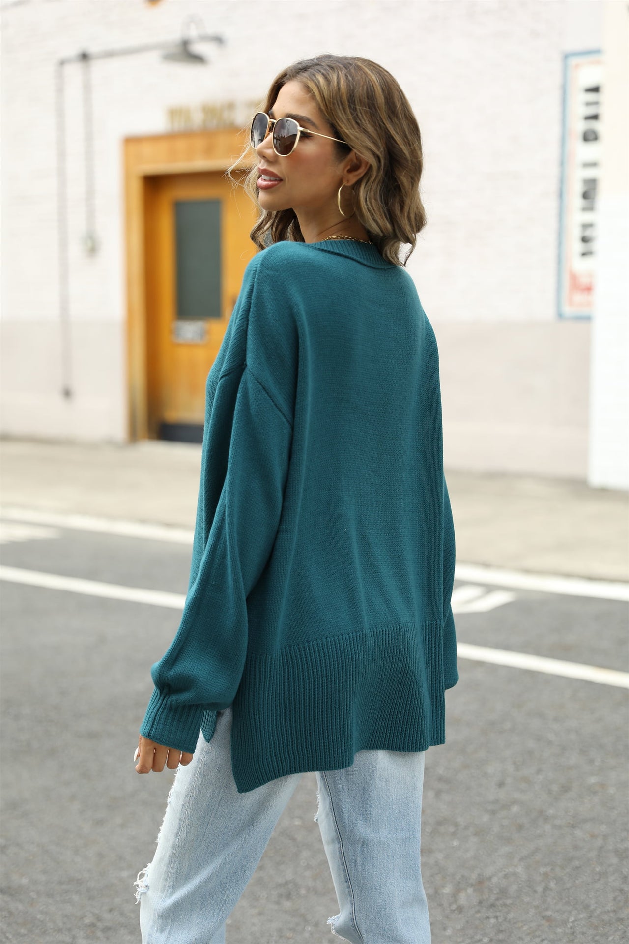 Round Neck Dropped Shoulder Slit Sweater - T - 1 COLOR -