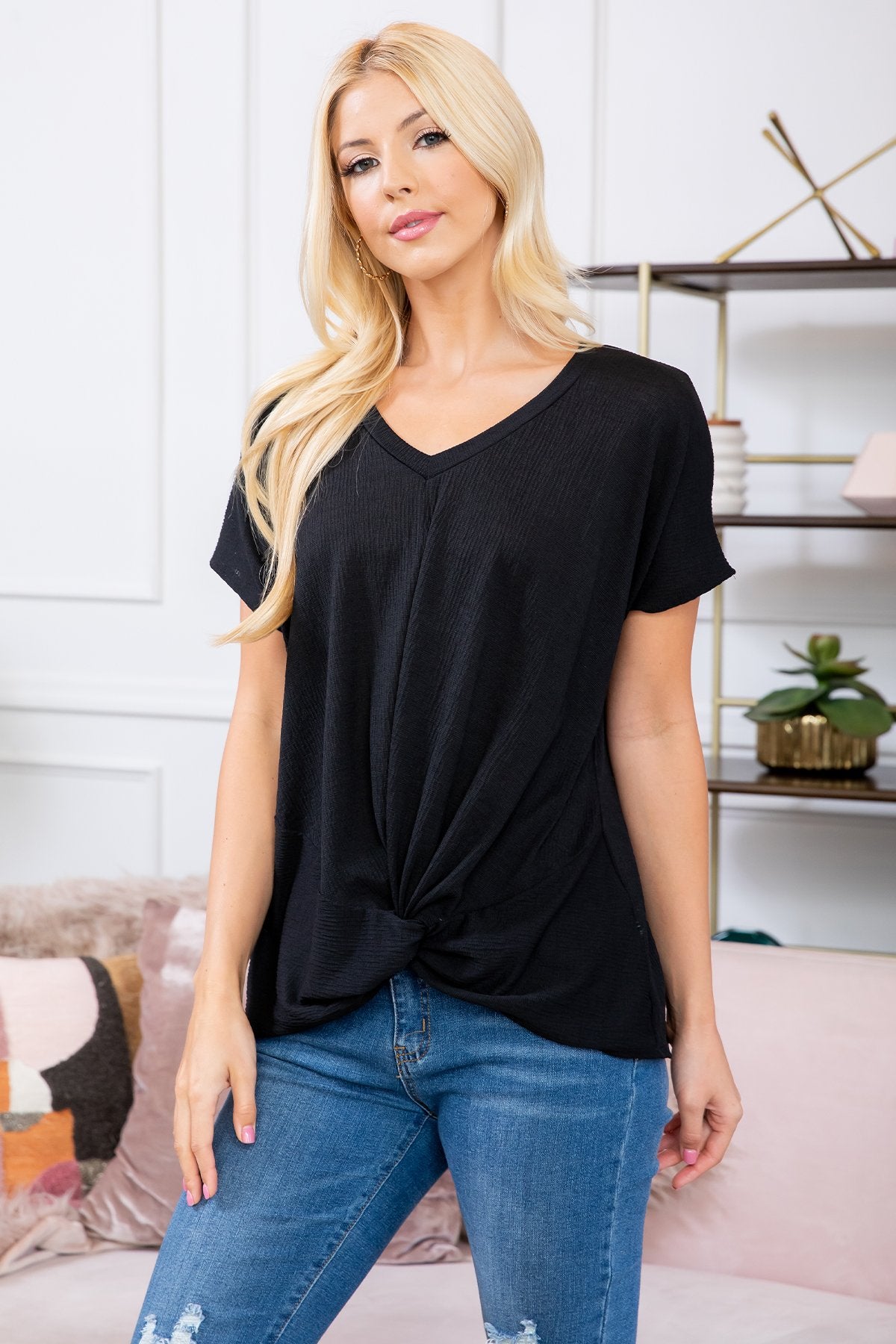 Riah Fashion - Short Sleeved Knot Tops - 7 COLORS -