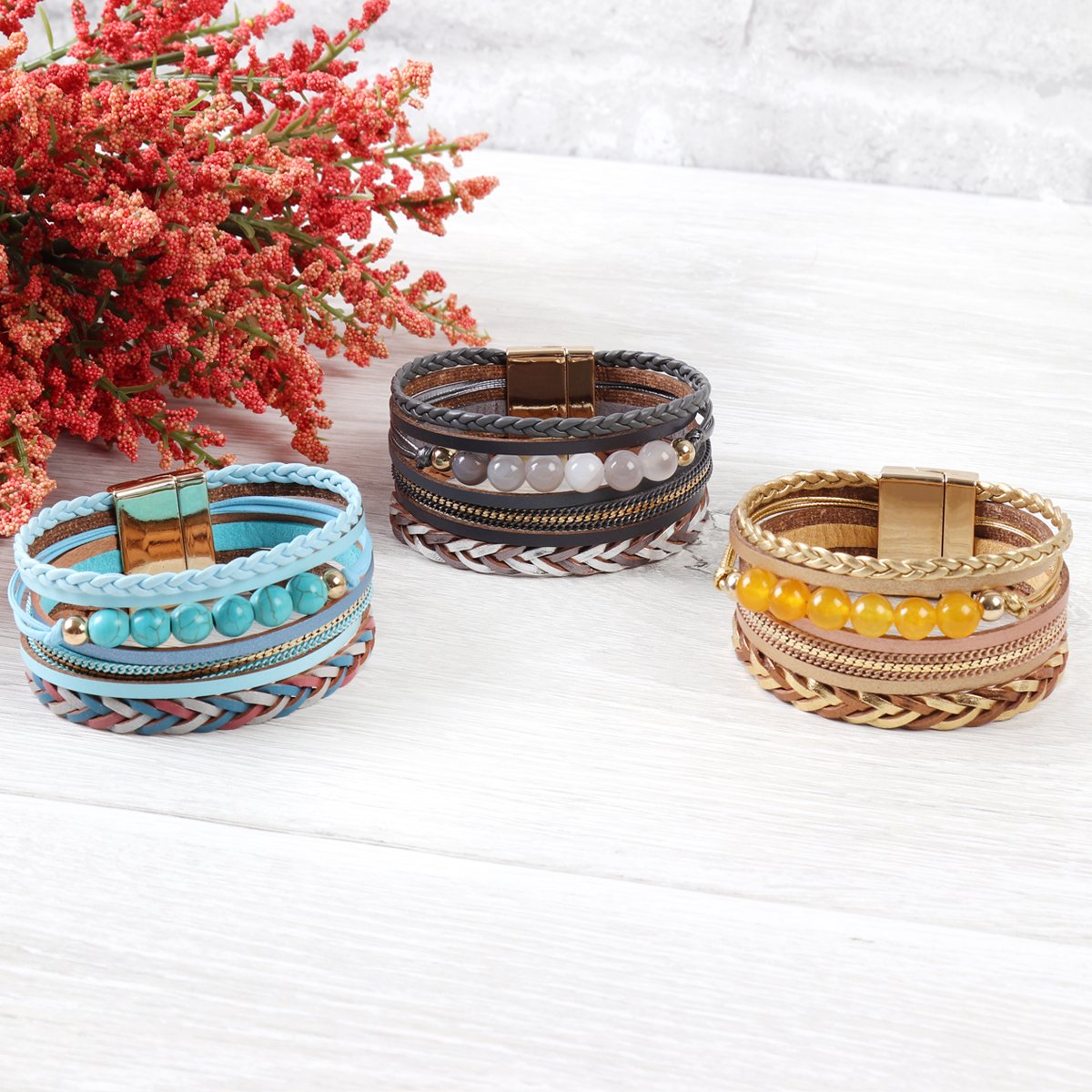 Riah Fashion - Leather Braided Beads Wrap Magnetic Bracelet - 9 COLORS -