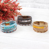 Thumbnail for Riah Fashion - Leather Braided Beads Wrap Magnetic Bracelet - 9 COLORS -