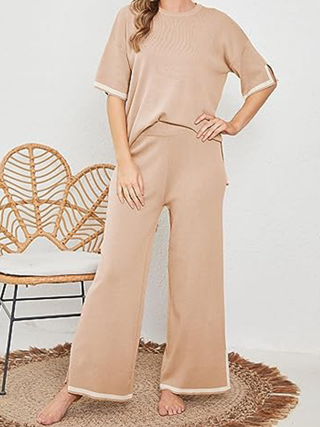 Contrast High-Low Sweater and Knit Pants Set - T - 7 COLORS -