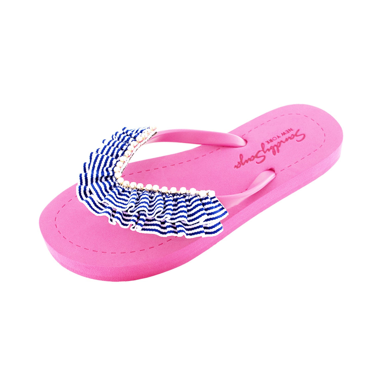 SAND BY SAYA N.Y. - Rockaway Stripe Ruffle - Embellished Flat Flip Flops Sandal - 5 COLORS -