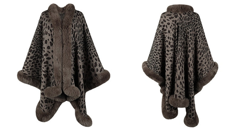 Sharon Tatem - Thick Warm Poncho Faux Fur Collar Cape Coat - Vintage Faux Leopard Sweater Cardigan - Batwing Sleeve Shawl -