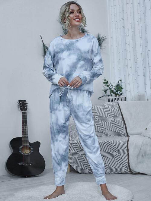 Tie-dye Round Neck Top and Drawstring Pants Lounge Set - 2 PCS. - T - 4 COLORS -