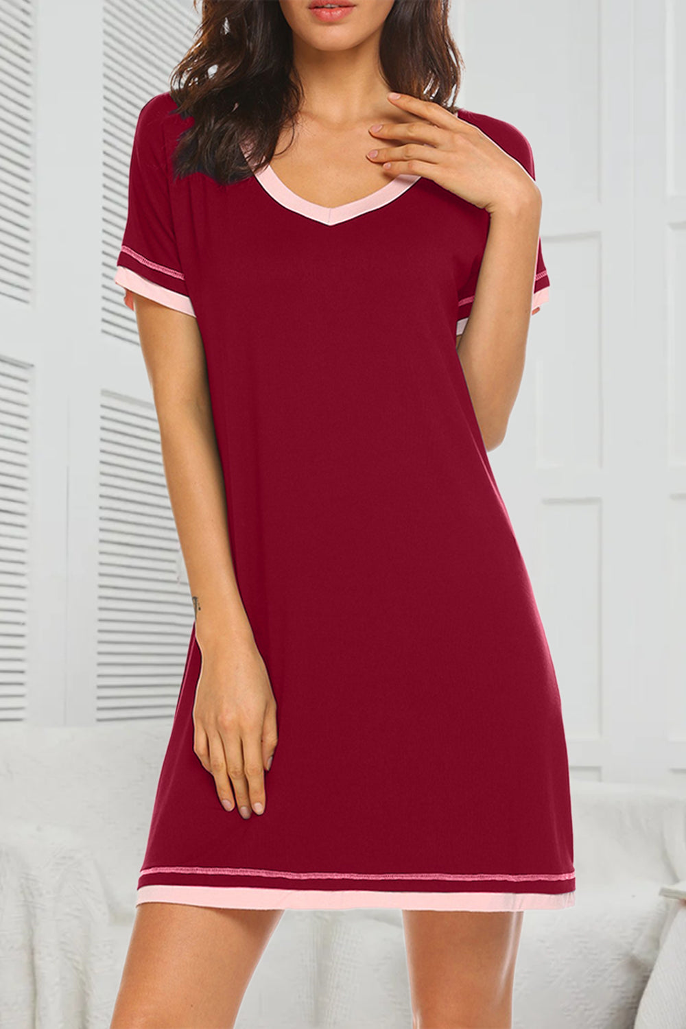 Contrast Trim Short Sleeve Lounge Dress - T - 11 COLORS -