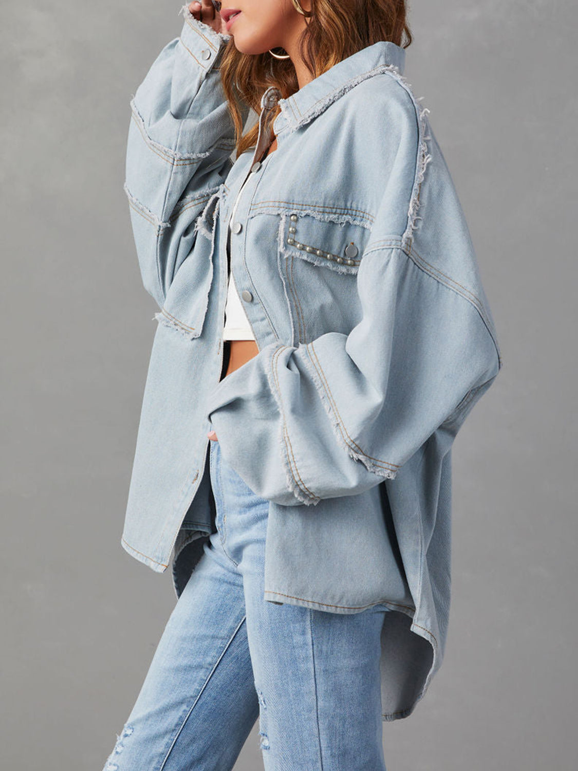 Button Down Raw Hem Denim Jacket - T - 2 COLORS -