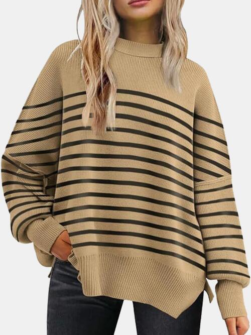 Round Neck Drop Shoulder Slit Sweater - T - 13 COLORS/STRIPES -