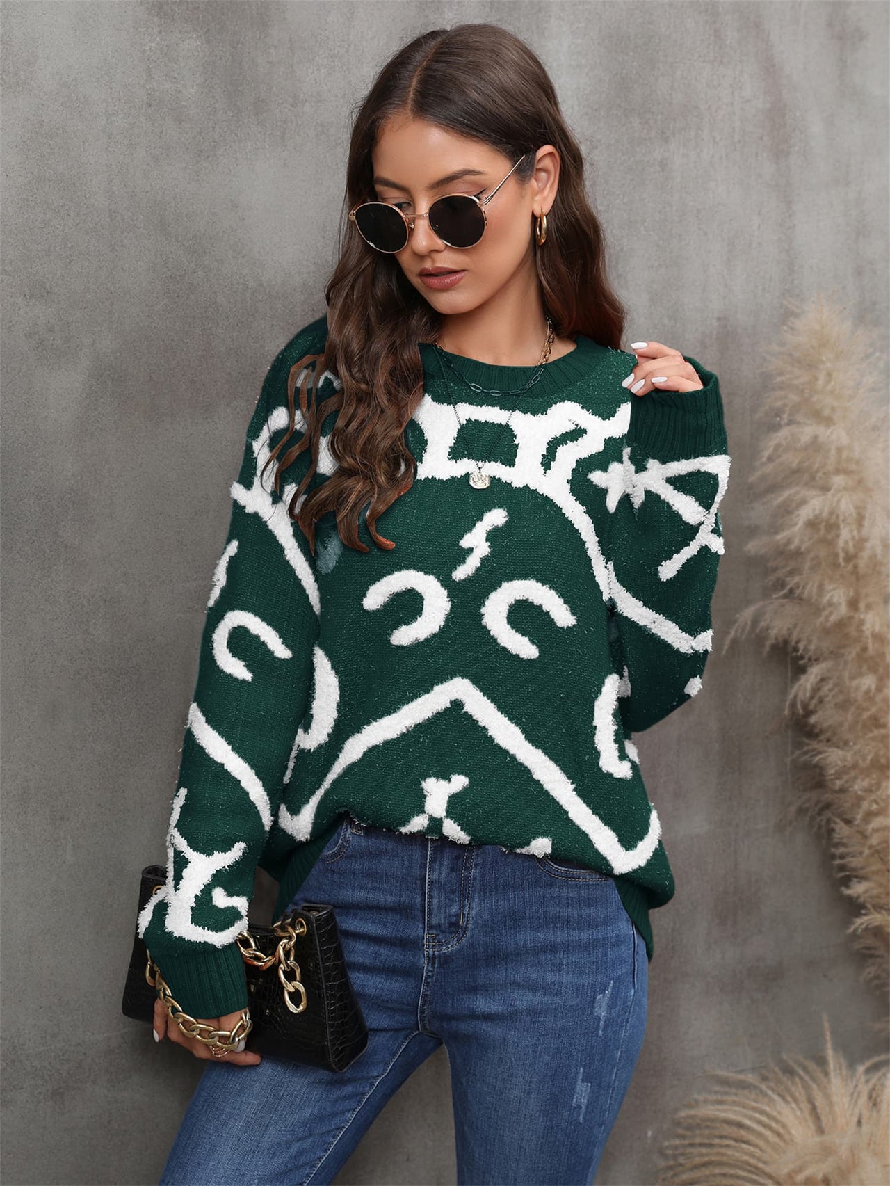 Printed Round Neck Dropped Shoulder Sweater - T - 2 COLORS -