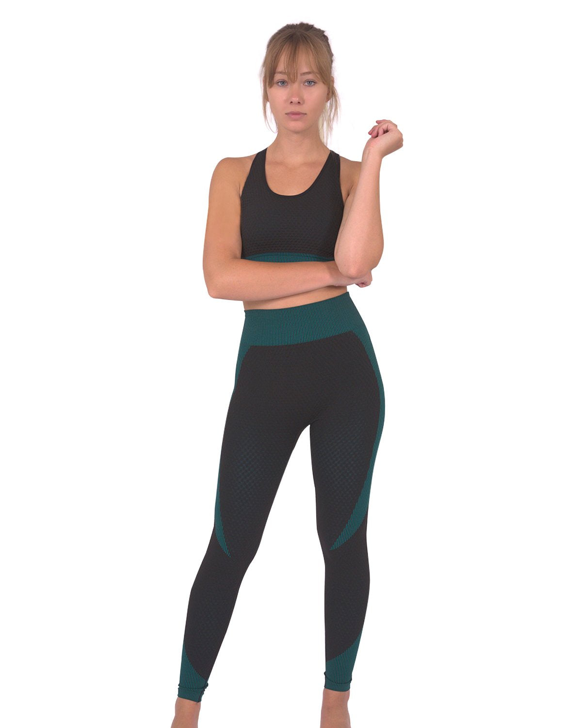 Savoy - Trois Seamless Leggings & Sports Top 2 Set - Black With Teal Blue - 2 PCS - 1 COLOR -