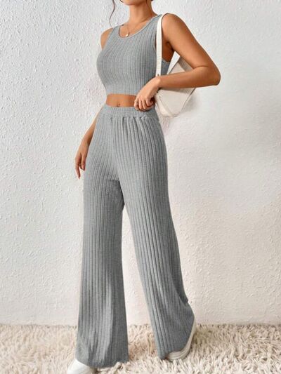 Ribbed Round Neck Tank and Pants Cropped Sweater Set - 2 PCS. - T - 5 COLORS -