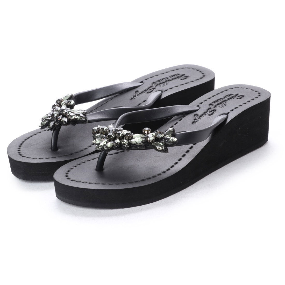 SAND BY SAYA N.Y. - Manhattan Black - Rhinestone Mid Wedge Flip Flops - 2 COLORS -