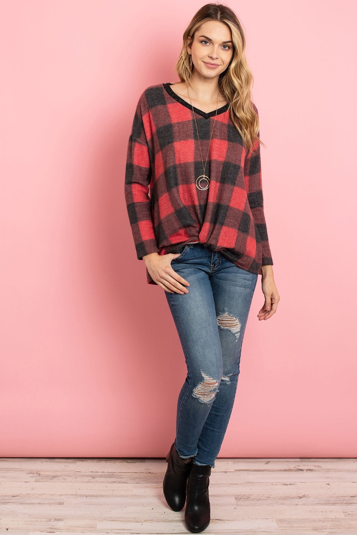 Riah Fashion - Brushed V-Neck Plaid Long Sleeve Knot Top - 2 COLORS -