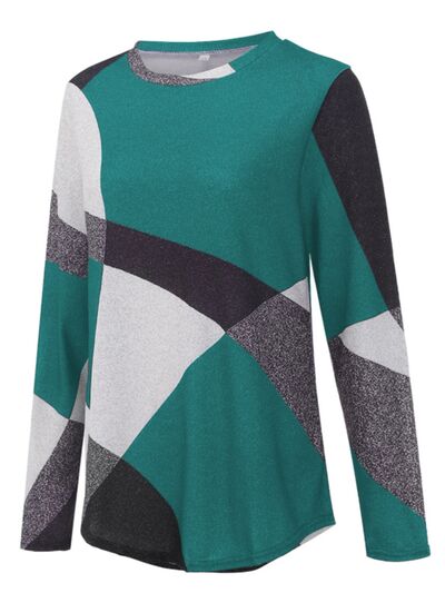 Geometric Round Neck Long Sleeve T-Shirt - T - 5 COLORS -