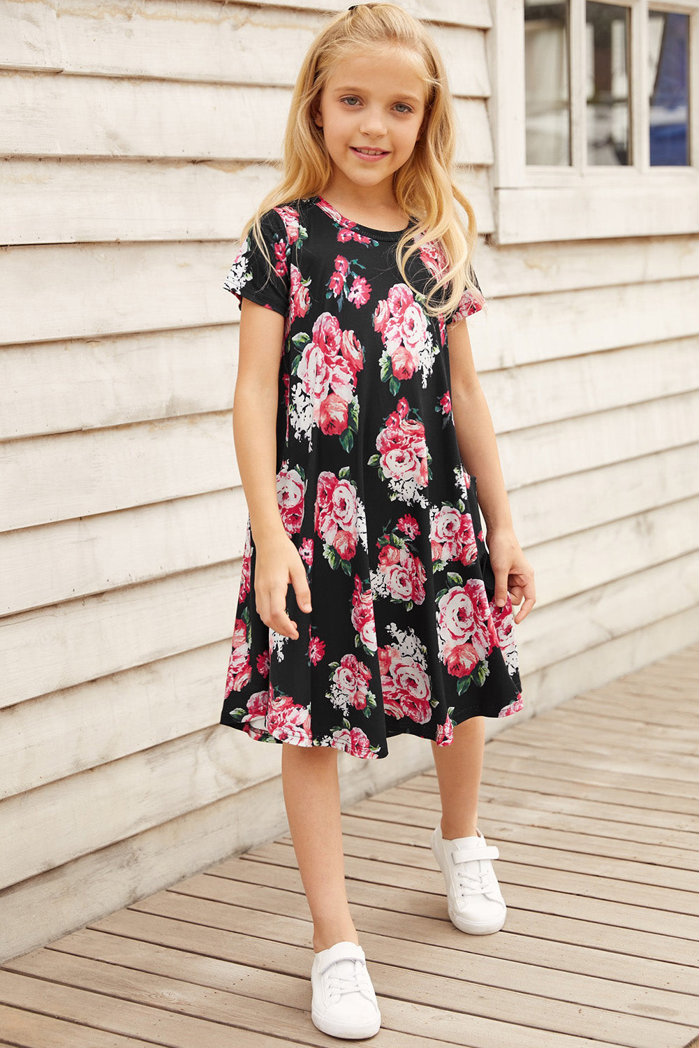 Girls Floral Round Neck Short Sleeve Dress with Pockets - T - 4 SIZES - 2 COLORS -