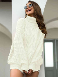 Thumbnail for Turtleneck Cable-Knit Dropped Shoulder Sweater - T - 5 COLORS -