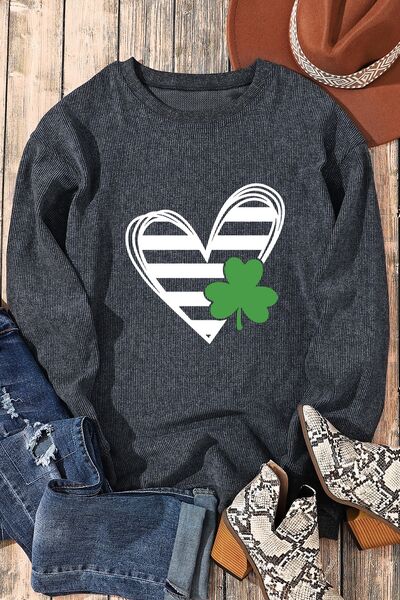 Heart Lucky Clover Round Neck Dropped Shoulder Sweatshirt - T - 1 COLOR -