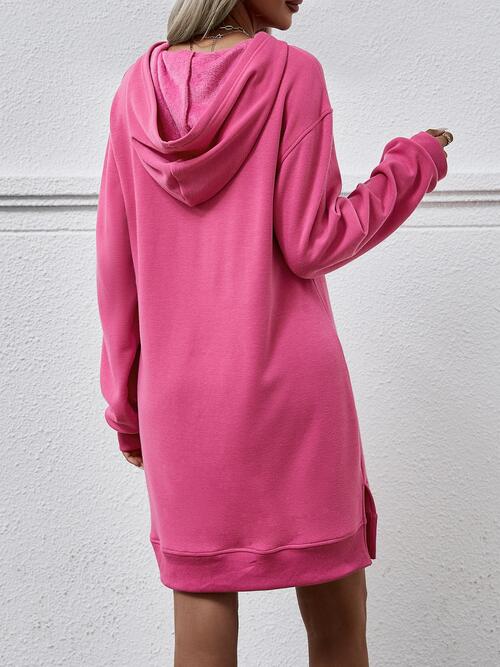 Slit Long Sleeve Hooded Dress with Pocket - T - 9 COLORS -