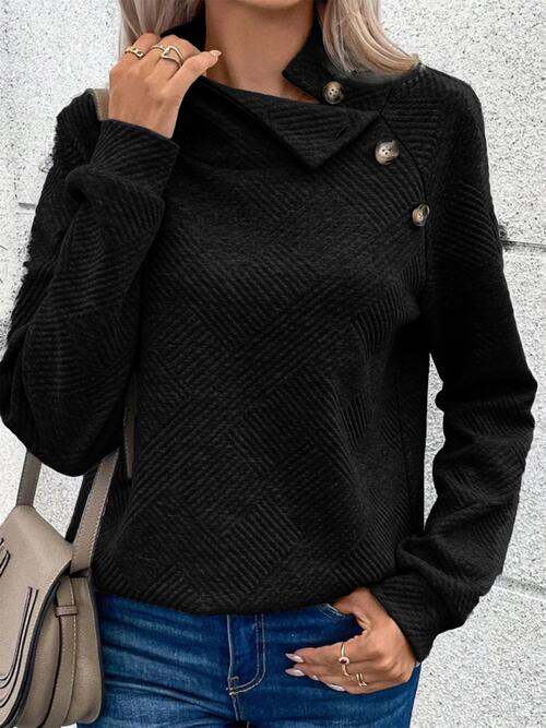 Buttoned Mock Neck Long Sleeve Sweatshirt - T - 3 COLORS -