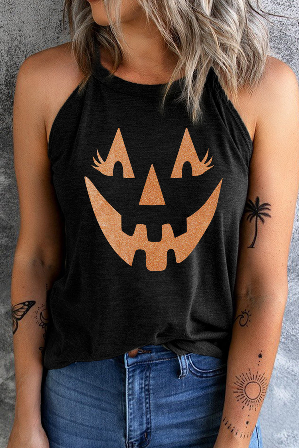 Round Neck Jack-O'-Lantern Graphic Tank Top - T - 1 COLOR -