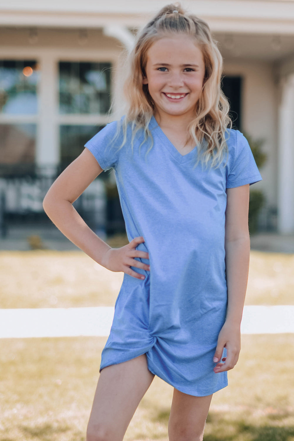 Girls Twisted V-Neck Short Sleeve Dress - T - 5 SIZES - 3 COLORS -