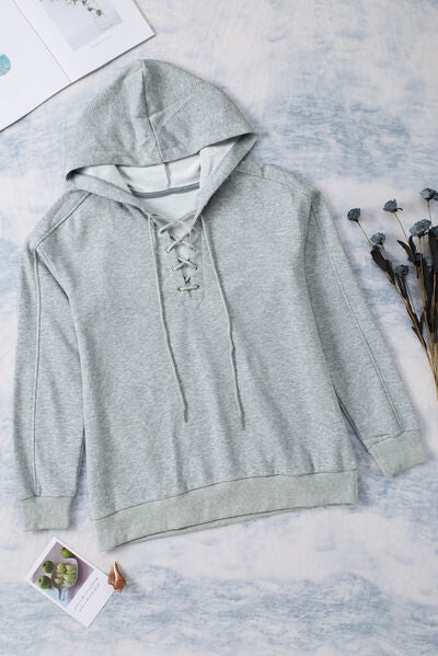 Lace-Up Dropped Shoulder Hoodie - T - 8 COLORS -