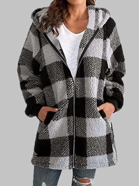 Plaid Zip-Up Hooded Jacket with Pockets - T - 7 COLORS -