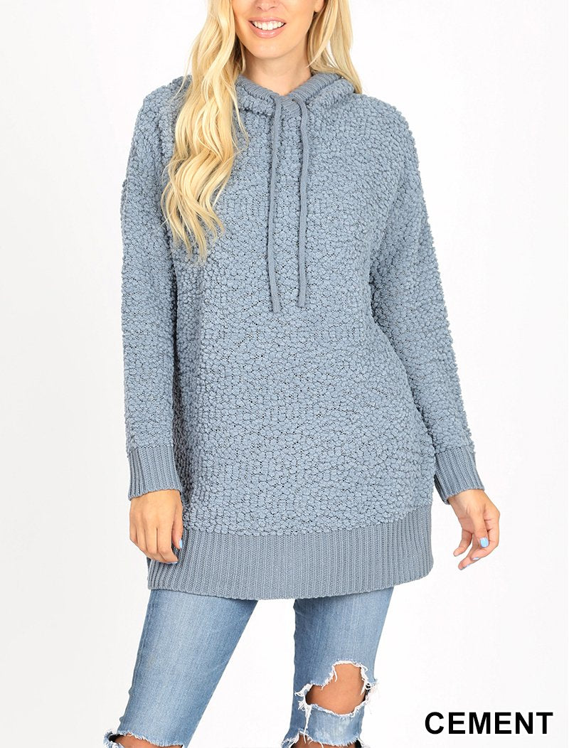 Riah Fashion - Popcorn Rib Detail Hooded Pullover - 16 COLORS -