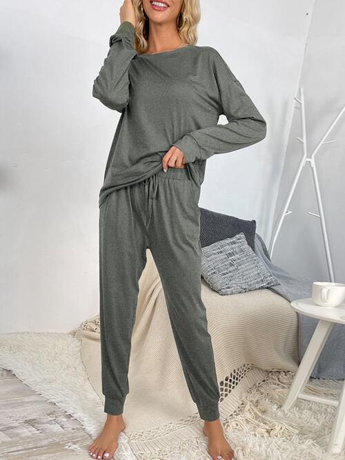 Round Neck Top and Drawstring Pants Lounge Set - 2 PCS. - T - 4 COLORS -