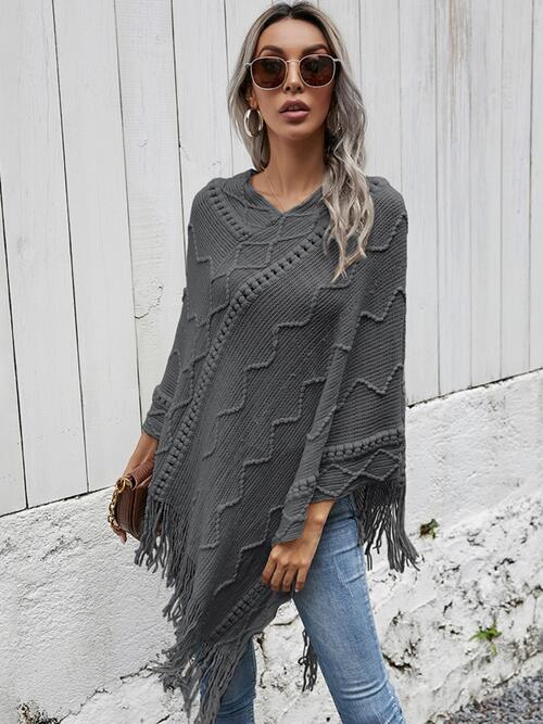 Texture Fringe Hem Poncho - 1 SIZE - T - 1 COLOR -