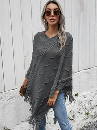 Thumbnail for Texture Fringe Hem Poncho - 1 SIZE - T - 1 COLOR -