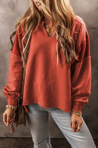 Thumbnail for Notched Lantern Sleeve Dropped Shoulder Sweatshirt - T - 1 COLOR -