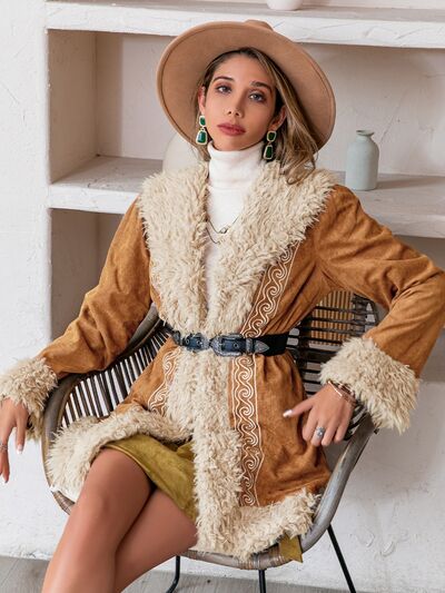 Fuzzy Open Front Long Sleeve Jacket - T - 1 COLOR -