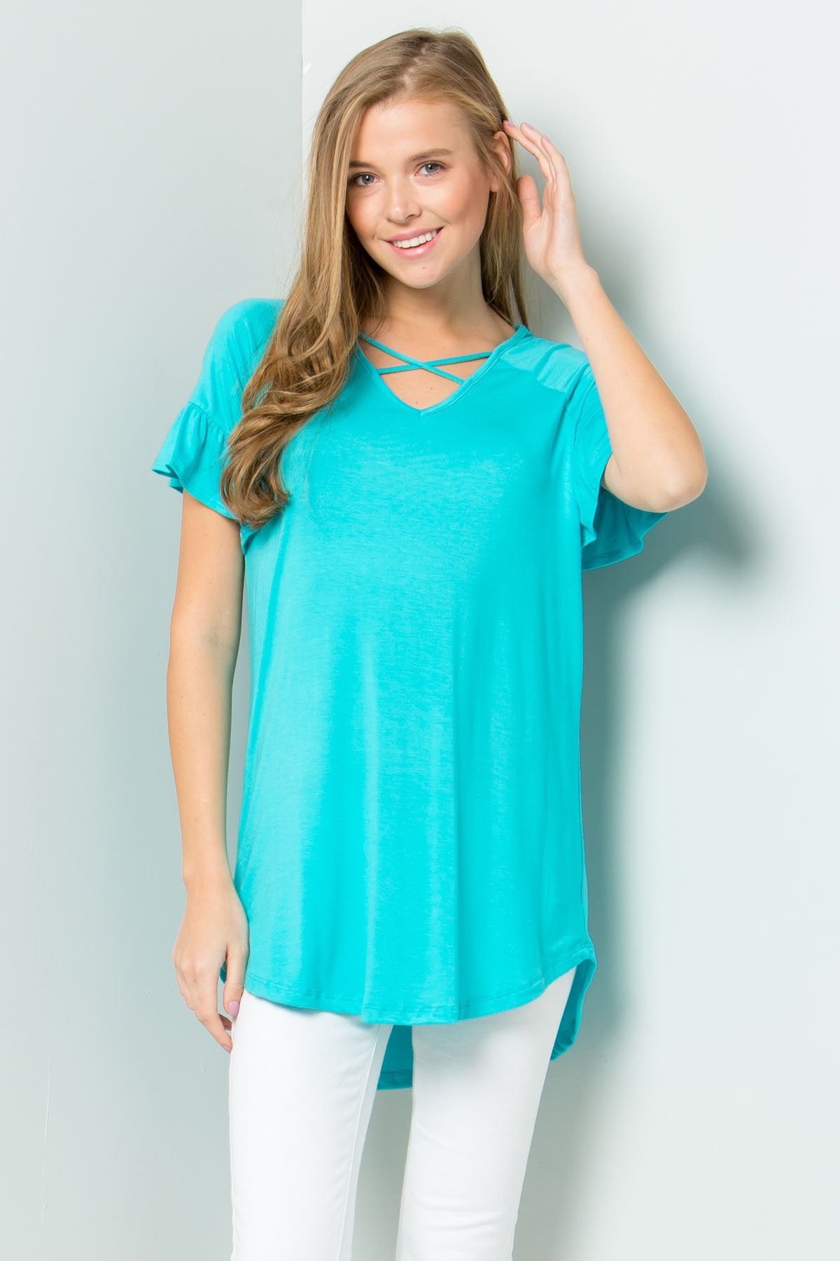 Ruffle Sleeve Criss Cross Tunic - 8 COLORS -